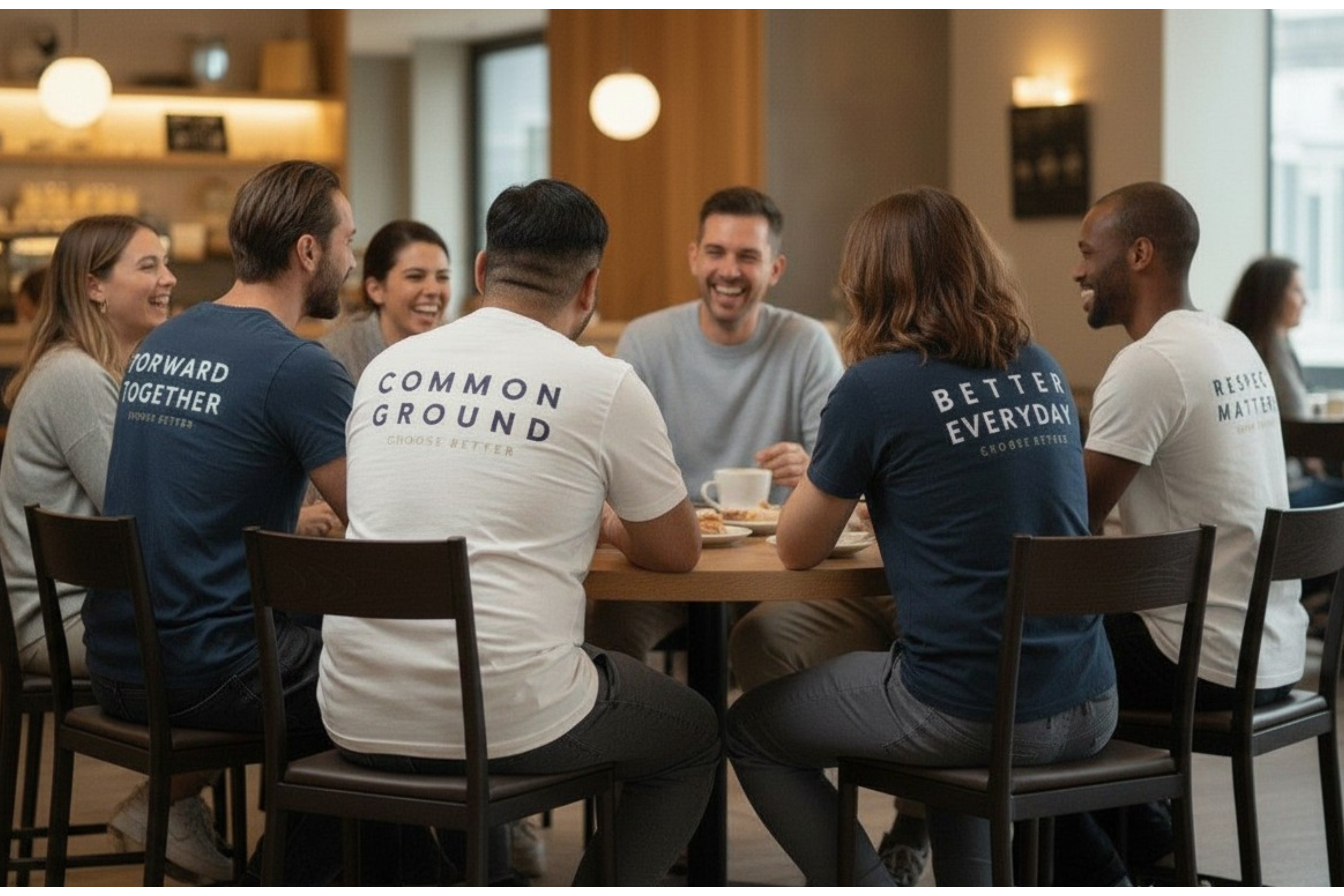 Group of people sitting around a table with 'Common Ground' and 'Better Everyday' shirts on.