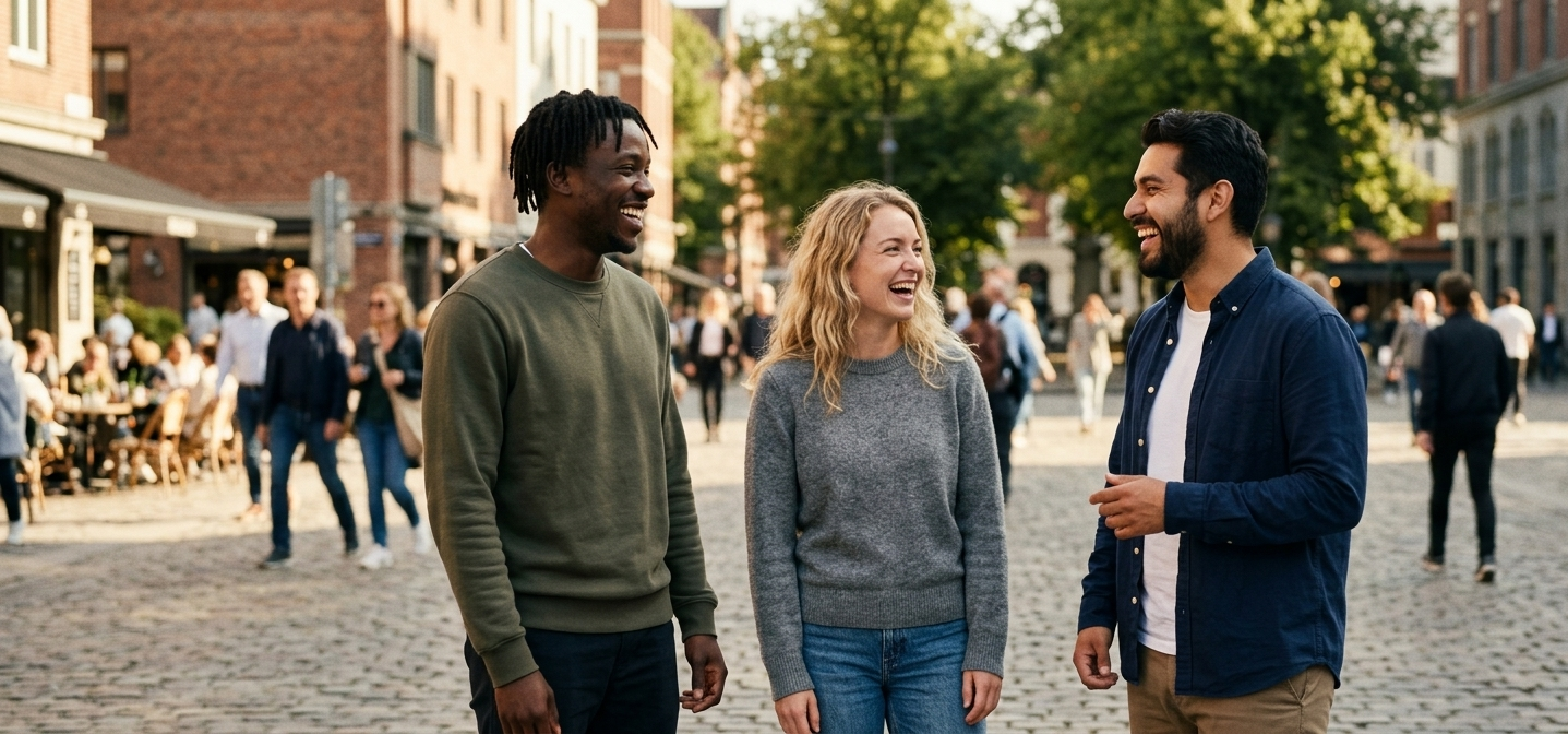 Three people standing and smiling in a cobblestone town square with buildings and other pedestrians in the background.