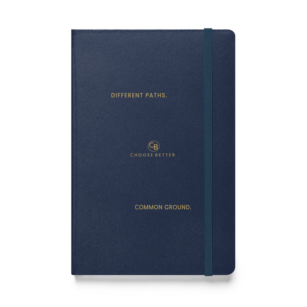 Navy blue notebook with gold text on a white background