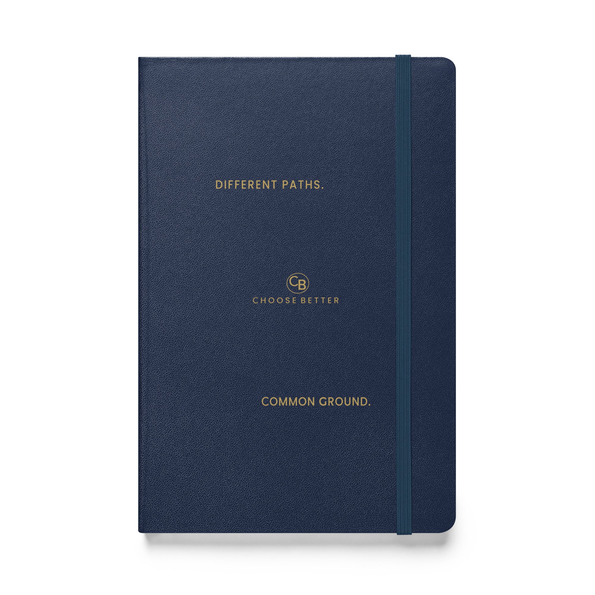 Navy blue notebook with gold text on a white background