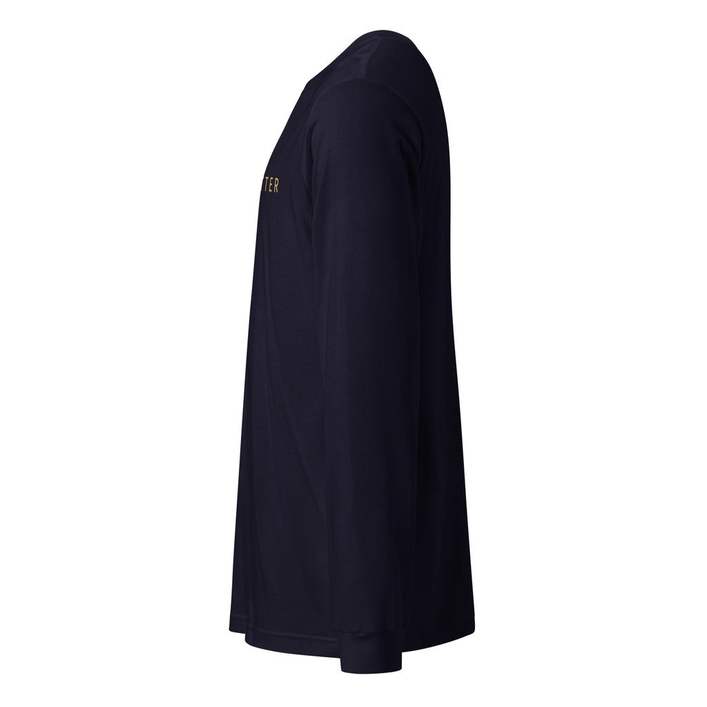 Navy long-sleeve shirt with a logo on the sleeve against a white background