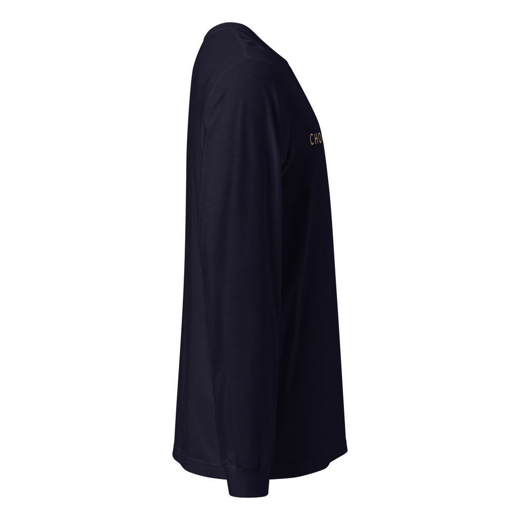 Navy long-sleeve shirt on a white background