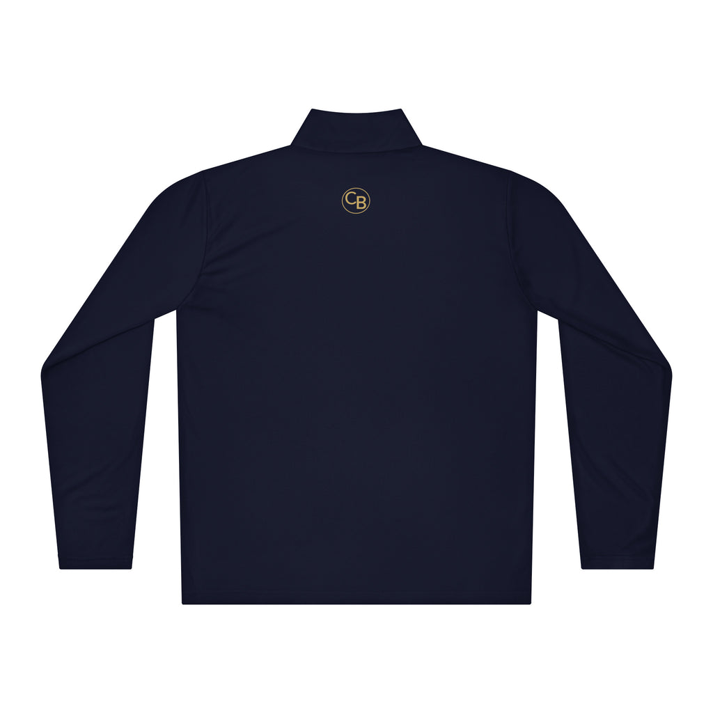 Navy long-sleeve shirt with a yellow logo on the chest against a white background