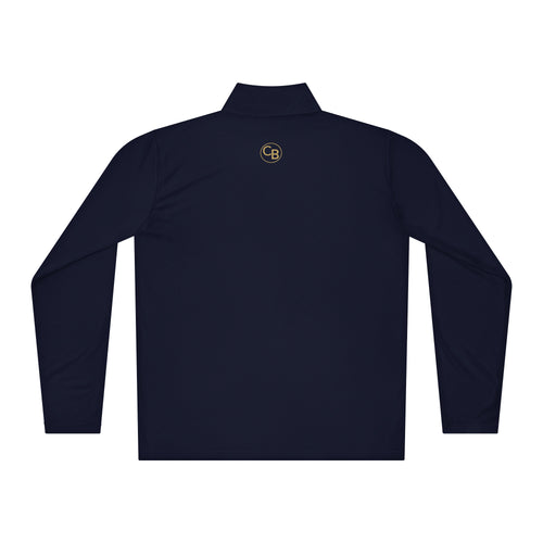 Navy long-sleeve shirt with a yellow logo on the chest against a white background